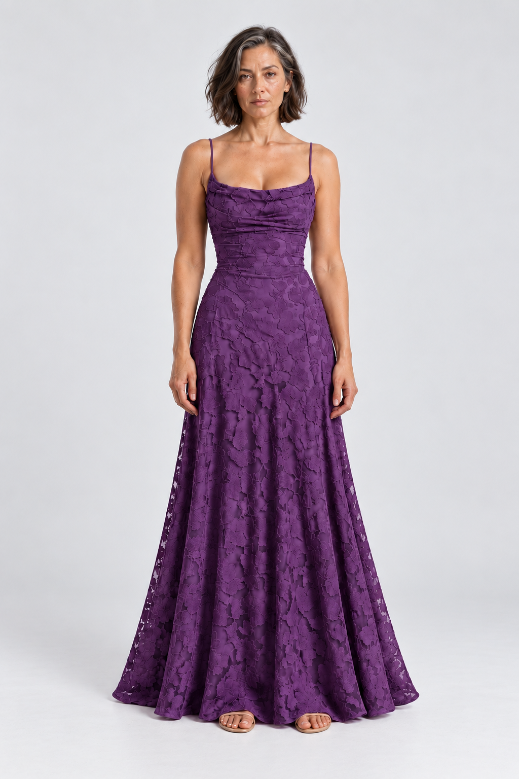 Sabine Floral Lace Maxi Dress in Purple, front view
