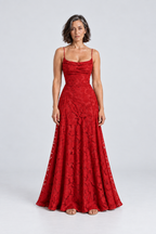 Sabine Floral Lace Maxi Dress in Red, front view