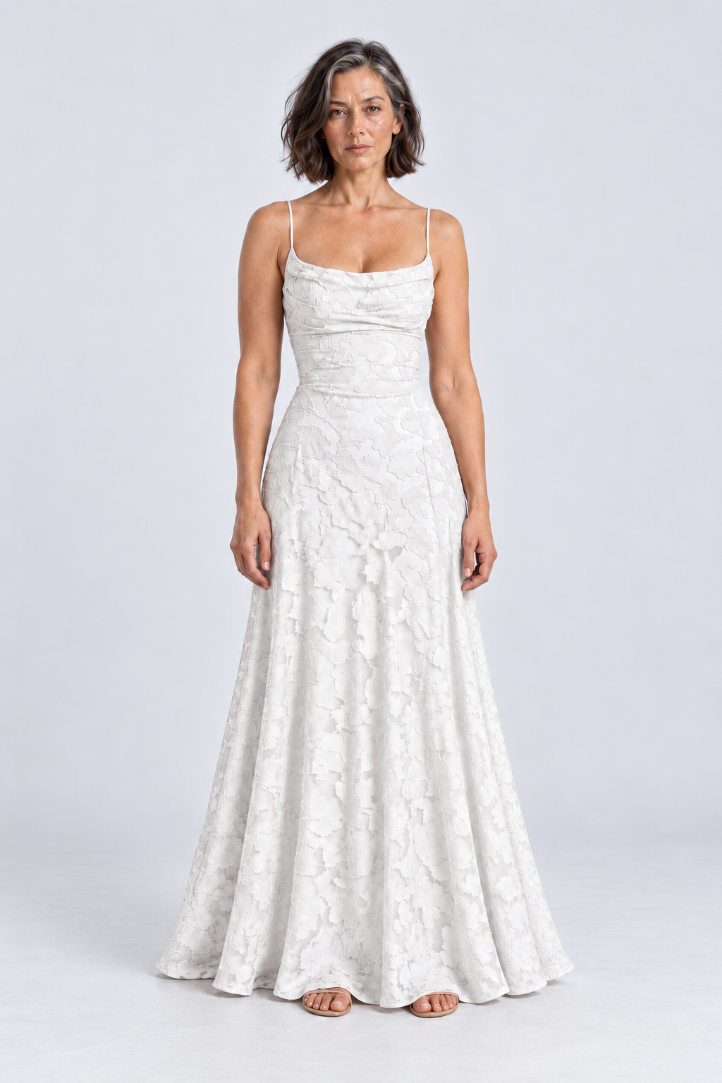 Sabine Floral Lace Maxi Dress in White, front view