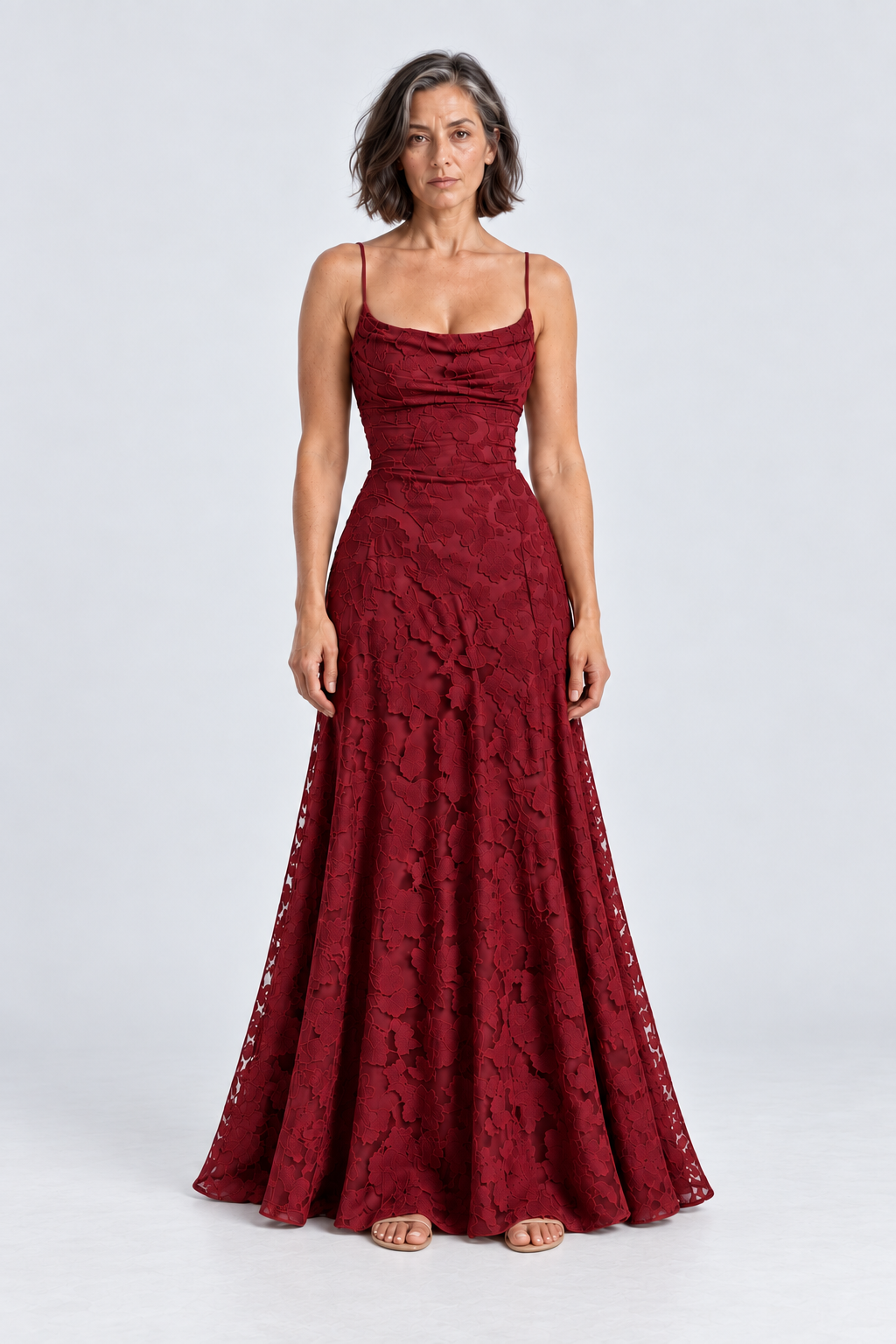 Sabine Floral Lace Maxi Dress in Wine Red, front view