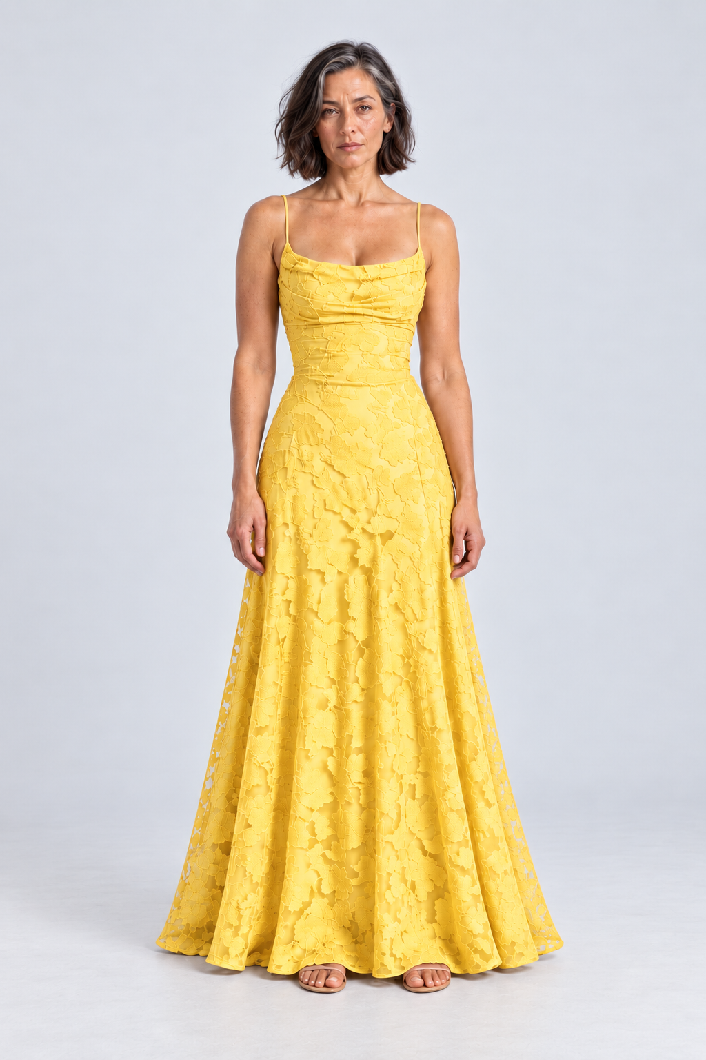 Sabine Floral Lace Maxi Dress in Yellow, front view
