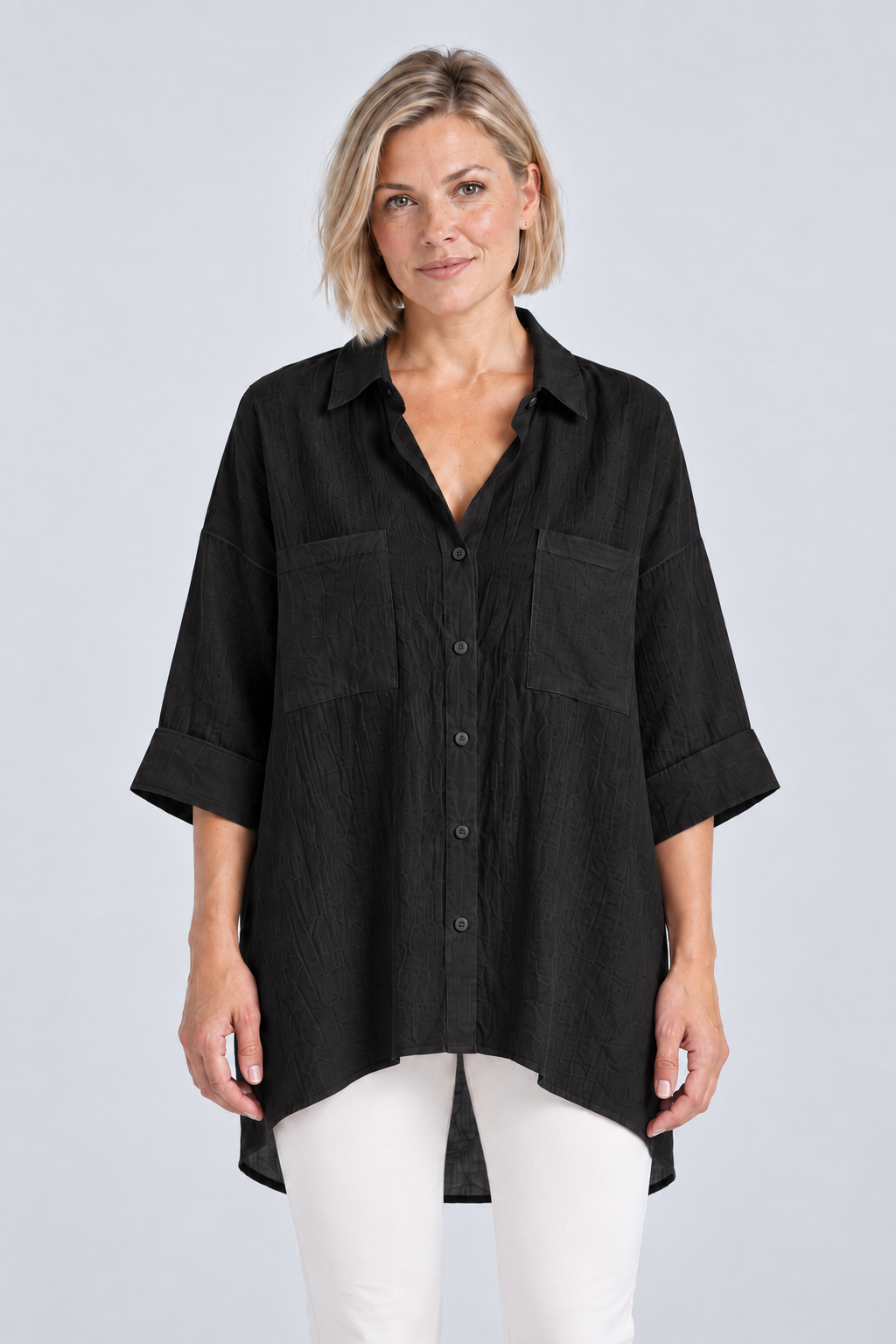 Sienna Relaxed Linen Shirt in Black, front view