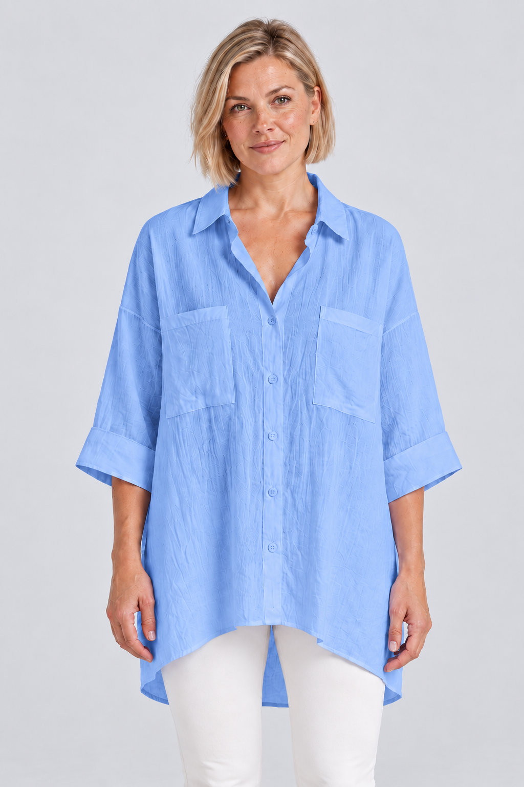 Sienna Relaxed Linen Shirt in Blue, front view