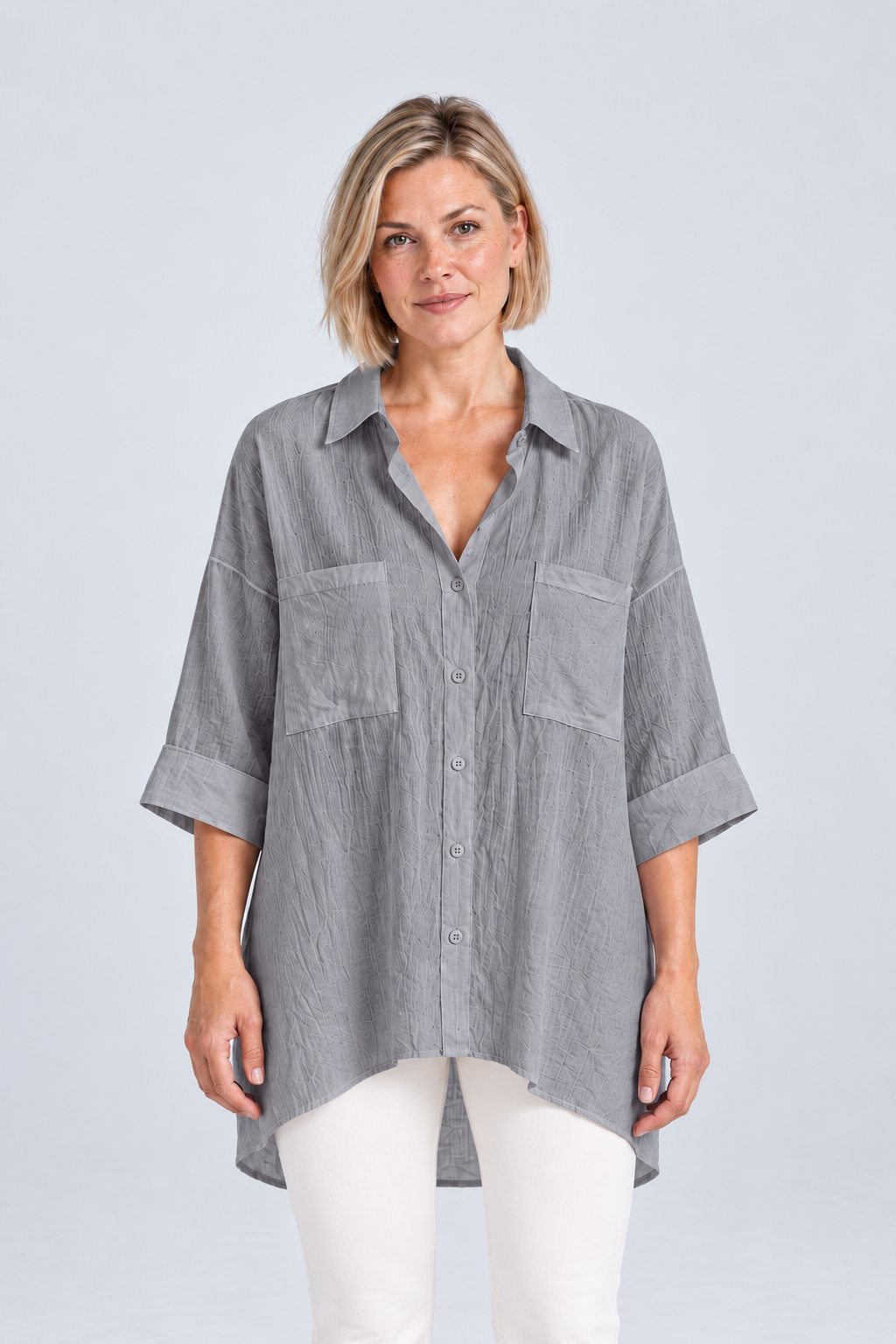 Sienna Relaxed Linen Shirt in Grey, front view