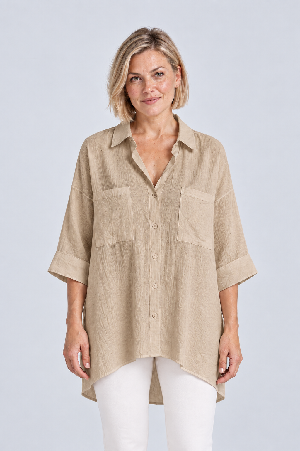 Sienna Relaxed Linen Shirt in Khaki, front view