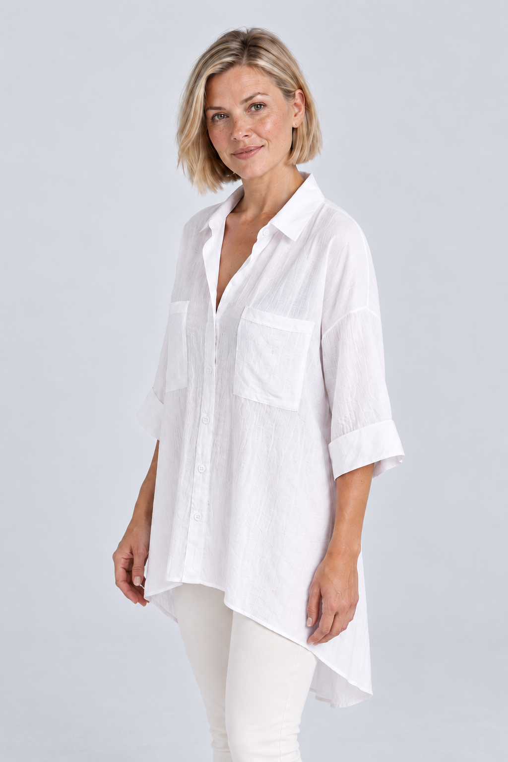 Sienna Relaxed Linen Shirt in White, 45 degree view