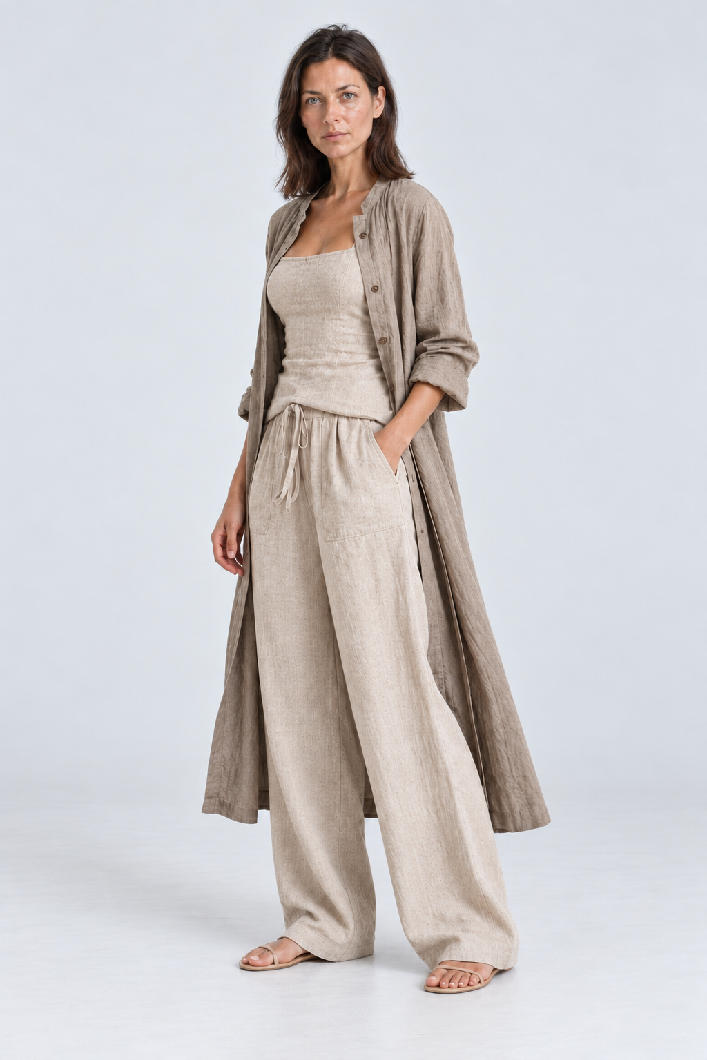 Soleil Linen Three-Piece Set in Beige, 45 degree view