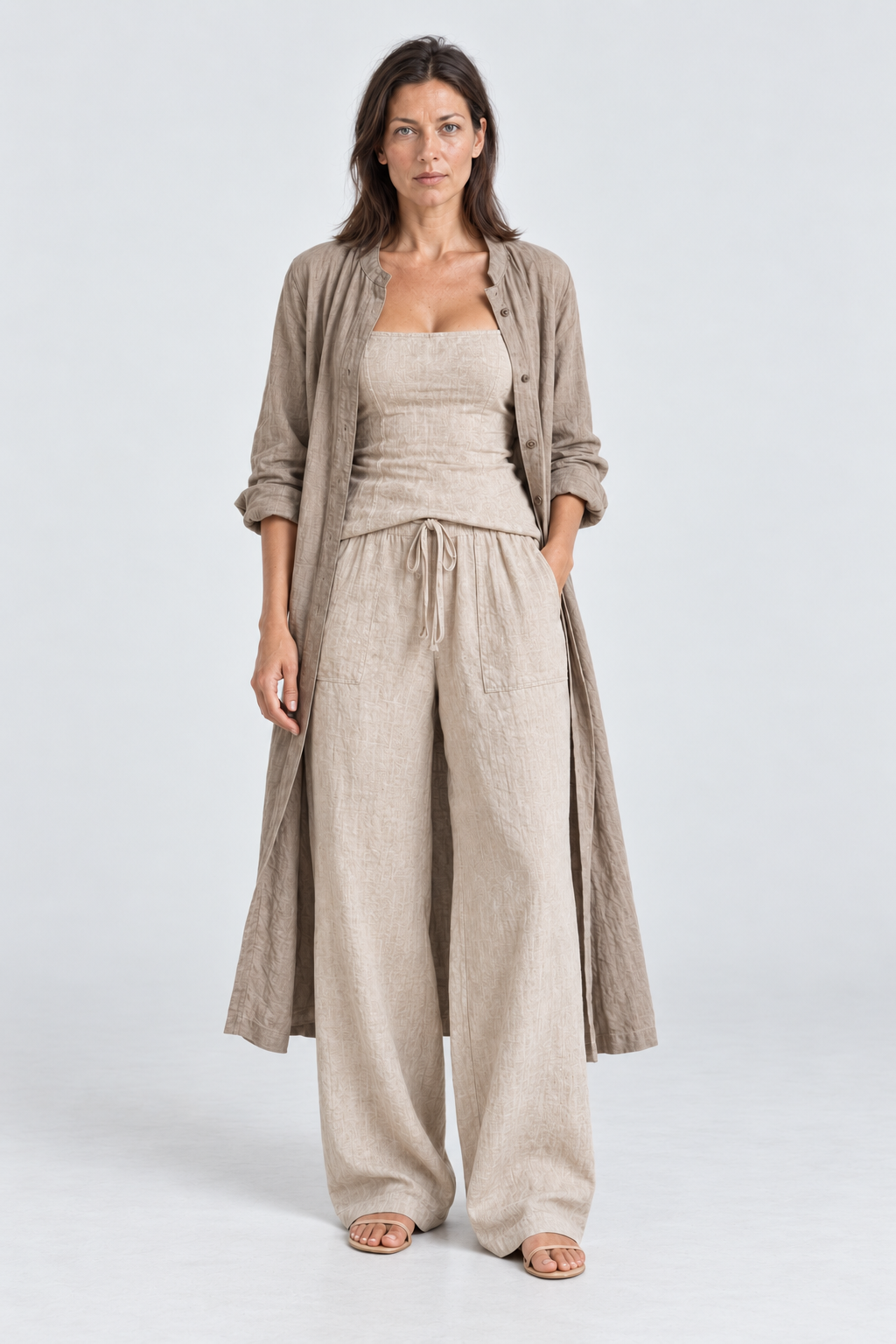 Soleil Linen Three-Piece Set in Beige, front view