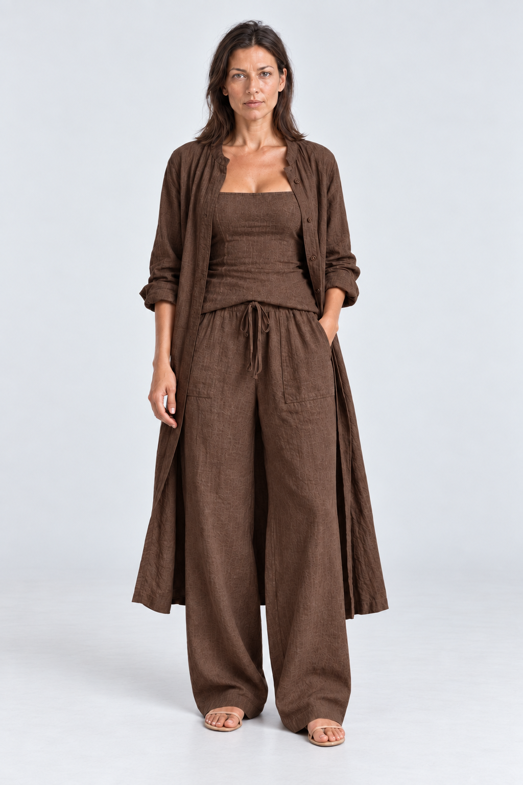 Soleil Linen Three-Piece Set in Brown, front view
